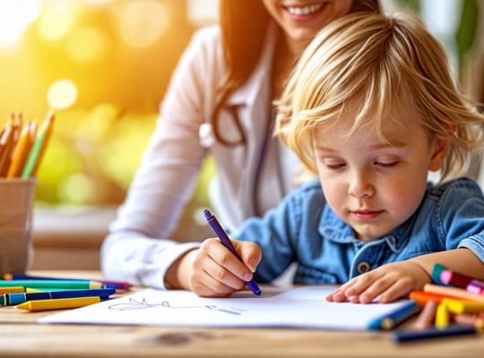 A child drawing with crayons at a table, accompanied by a supportive adult, representing the journey of supporting children's mental health.