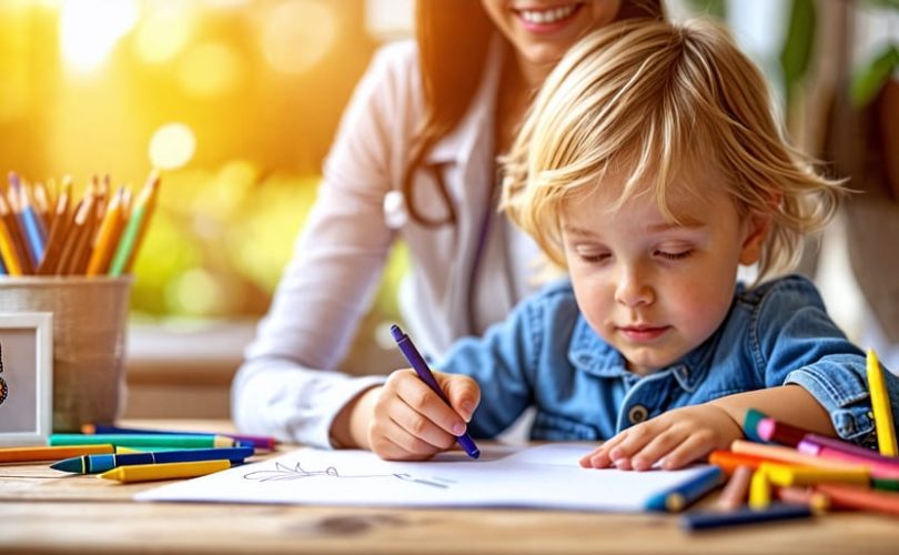 A child drawing with crayons at a table, accompanied by a supportive adult, representing the journey of supporting children's mental health.