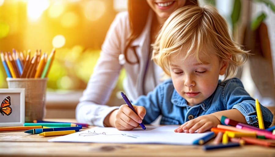 A child drawing with crayons at a table, accompanied by a supportive adult, representing the journey of supporting children's mental health.