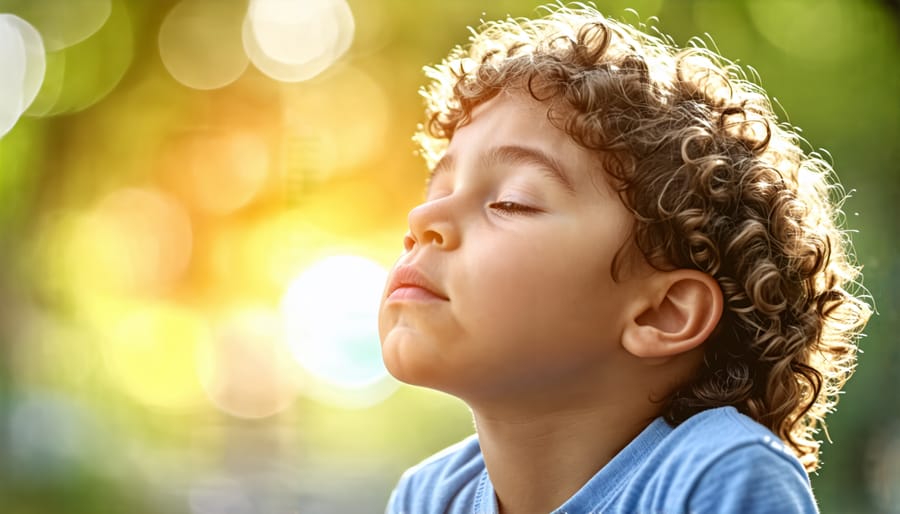 Child demonstrating emotional regulation skills through deep breathing