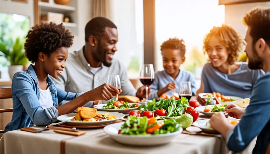 Happy family eating a nutritious meal and engaging in positive conversation