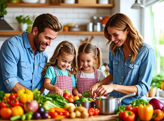 A happy family in the kitchen, smiling and preparing a colorful assortment of fresh fruits and vegetables together.