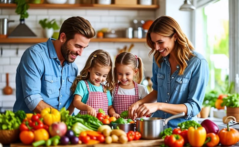 A happy family in the kitchen, smiling and preparing a colorful assortment of fresh fruits and vegetables together.