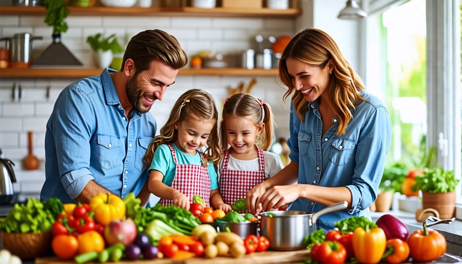 A happy family in the kitchen, smiling and preparing a colorful assortment of fresh fruits and vegetables together.