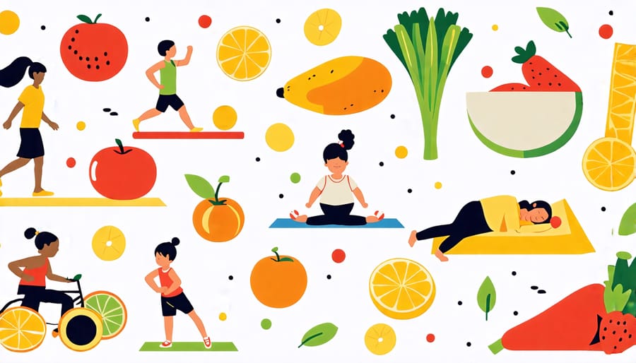 Images representing good nutrition, physical activity, and healthy sleep habits