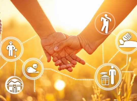 A parent holding a child's hand, surrounded by icons of healthy foods, exercise, sleep, and communication, representing ways to support a child's mental well-being.