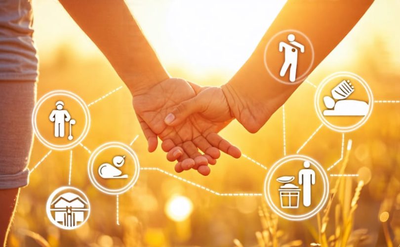 A parent holding a child's hand, surrounded by icons of healthy foods, exercise, sleep, and communication, representing ways to support a child's mental well-being.