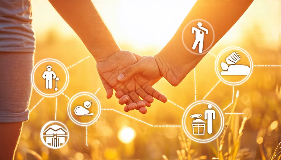 A parent holding a child's hand, surrounded by icons of healthy foods, exercise, sleep, and communication, representing ways to support a child's mental well-being.