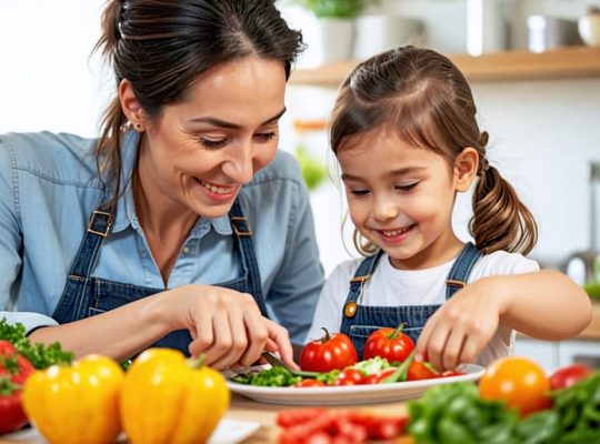 Parent and child happily preparing a healthy, colorful meal together in a warm kitchen setting, emphasizing family bonding and positive eating habits.