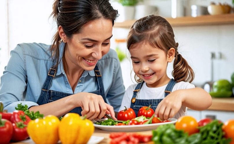 Parent and child happily preparing a healthy, colorful meal together in a warm kitchen setting, emphasizing family bonding and positive eating habits.