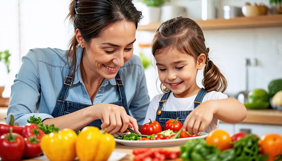 Parent and child happily preparing a healthy, colorful meal together in a warm kitchen setting, emphasizing family bonding and positive eating habits.