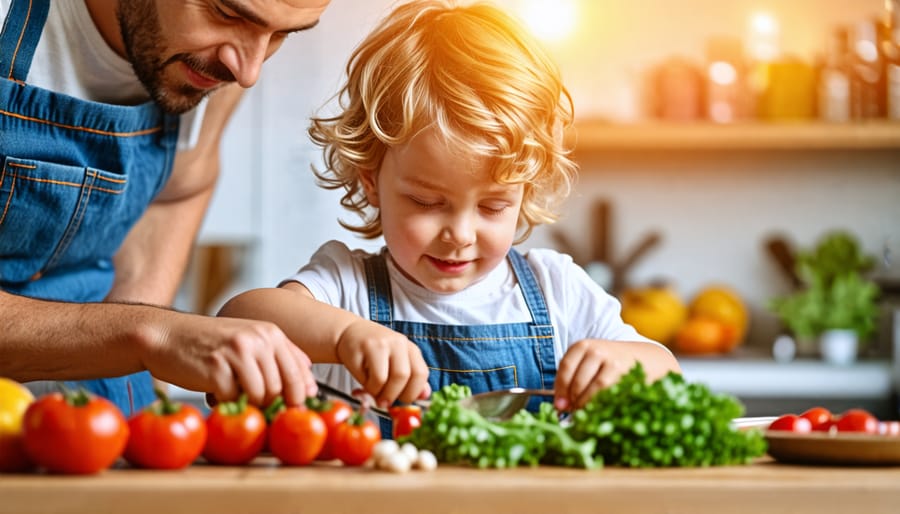 Parent and child bonding while cooking a healthy meal together in the kitchen