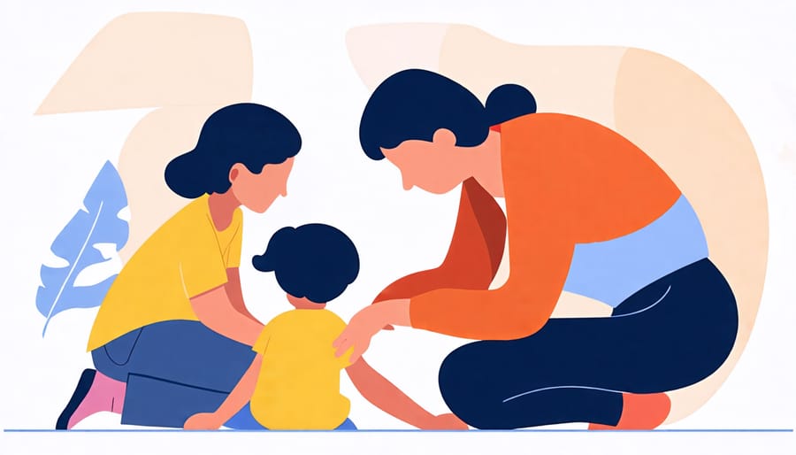 Illustration of a parent supporting a child while collaborating with a mental health professional