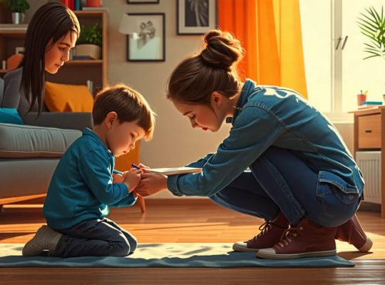 Illustration of a caring parent comforting a worried child, while a mental health professional observes and provides support in the background.