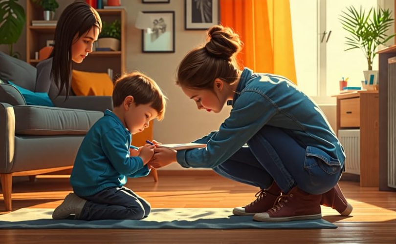 Illustration of a caring parent comforting a worried child, while a mental health professional observes and provides support in the background.