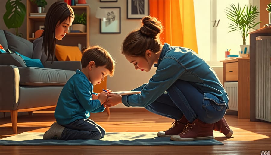 Illustration of a caring parent comforting a worried child, while a mental health professional observes and provides support in the background.