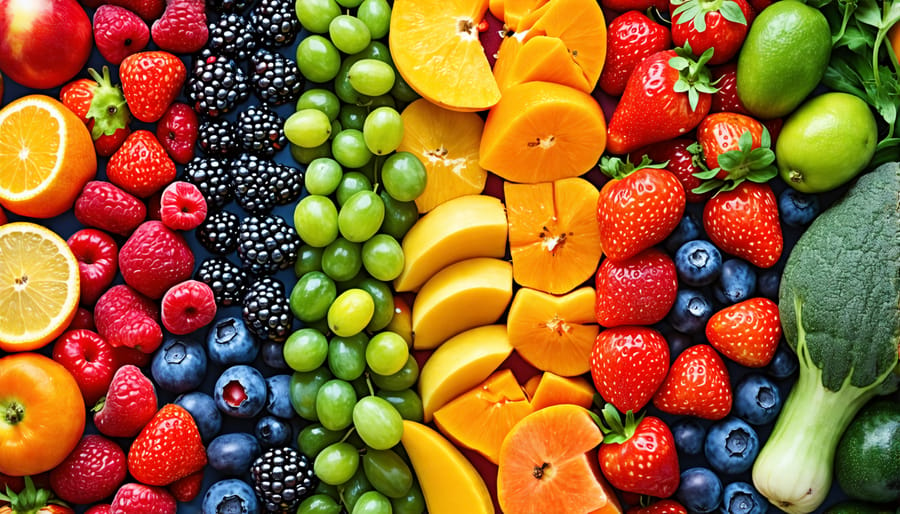 Variety of vibrant, healthy fruits and veggies forming a rainbow