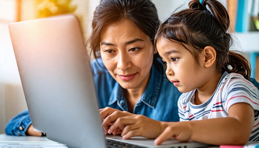 Parent and child navigating educational resources for children's mental health online