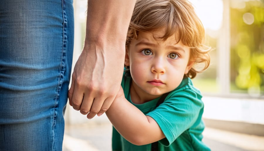 Preschool-aged child showing signs of anxiety by clinging to their parent