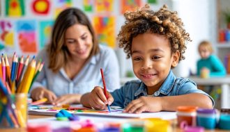 A child engaged in a colorful drawing while an art therapist offers guidance, symbolizing the therapeutic benefits of art therapy for emotional well-being.