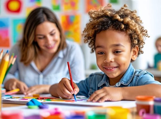 A child engaged in a colorful drawing while an art therapist offers guidance, symbolizing the therapeutic benefits of art therapy for emotional well-being.