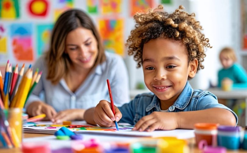 A child engaged in a colorful drawing while an art therapist offers guidance, symbolizing the therapeutic benefits of art therapy for emotional well-being.