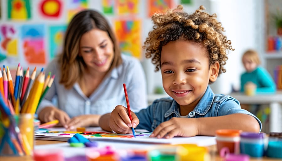 A child engaged in a colorful drawing while an art therapist offers guidance, symbolizing the therapeutic benefits of art therapy for emotional well-being.