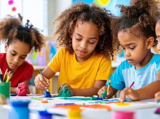 A diverse group of children participating in art therapy, engaging in activities like painting, clay modeling, and collage making, fostering emotional expression and positivity in a therapeutic setting.