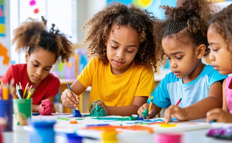 A diverse group of children participating in art therapy, engaging in activities like painting, clay modeling, and collage making, fostering emotional expression and positivity in a therapeutic setting.