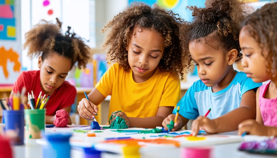 A diverse group of children participating in art therapy, engaging in activities like painting, clay modeling, and collage making, fostering emotional expression and positivity in a therapeutic setting.