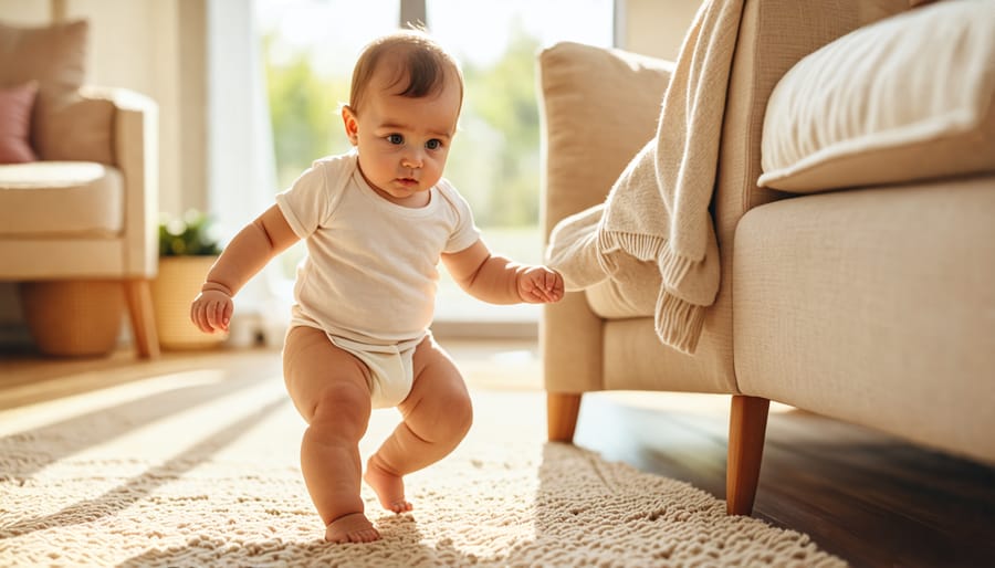 Infant demonstrating progression towards walking by pulling up and cruising