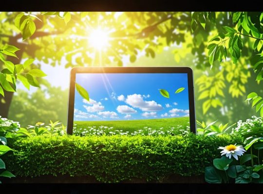 A harmonious scene depicting a smartphone and tablet surrounded by greenery and sunlight, symbolizing balance between technology and mental well-being.