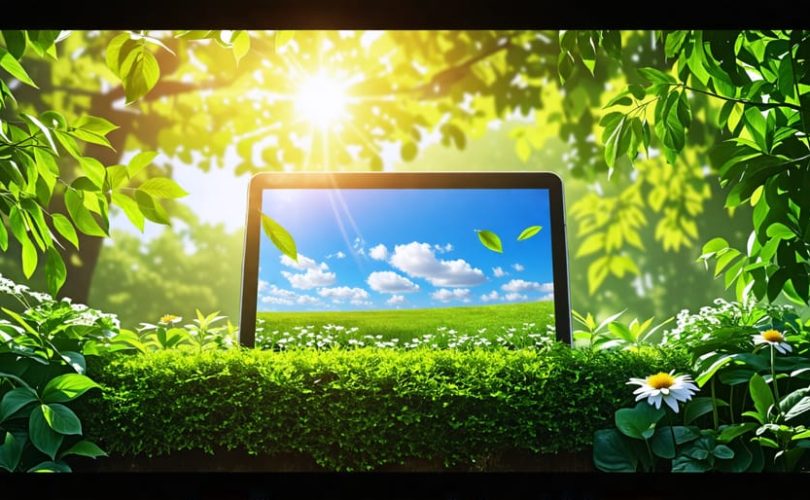 A harmonious scene depicting a smartphone and tablet surrounded by greenery and sunlight, symbolizing balance between technology and mental well-being.