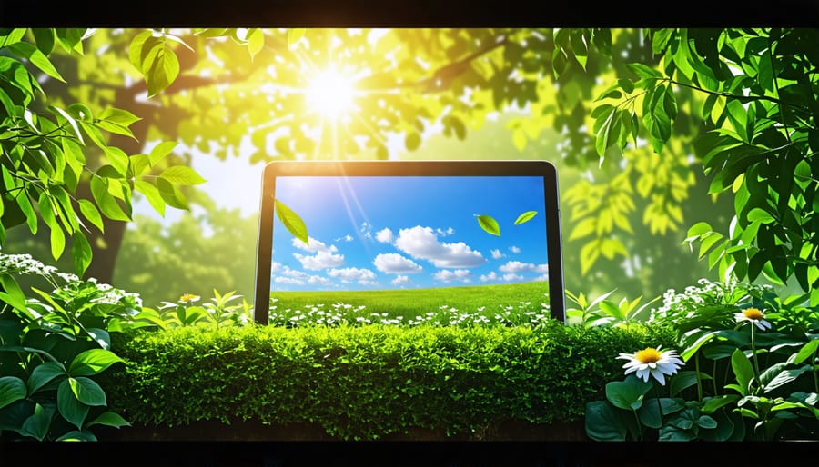 A harmonious scene depicting a smartphone and tablet surrounded by greenery and sunlight, symbolizing balance between technology and mental well-being.