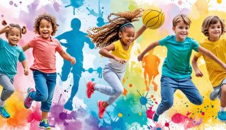 A collage of happy children engaging in diverse physical activities, depicting the positive impact of exercise on mood and brain health.