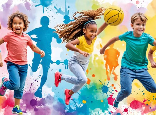 A collage of happy children engaging in diverse physical activities, depicting the positive impact of exercise on mood and brain health.