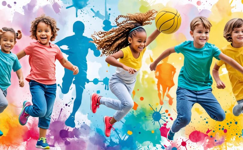 A collage of happy children engaging in diverse physical activities, depicting the positive impact of exercise on mood and brain health.