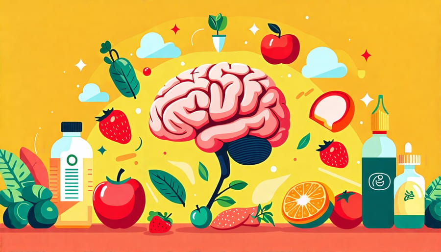 Child's brain development affected by nutrition and malnutrition represented by different foods