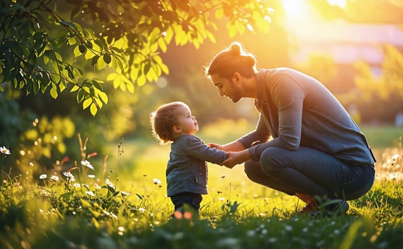 A compassionate adult comforting a child, conveying empathy and hope for a child impacted by parental substance use disorder.