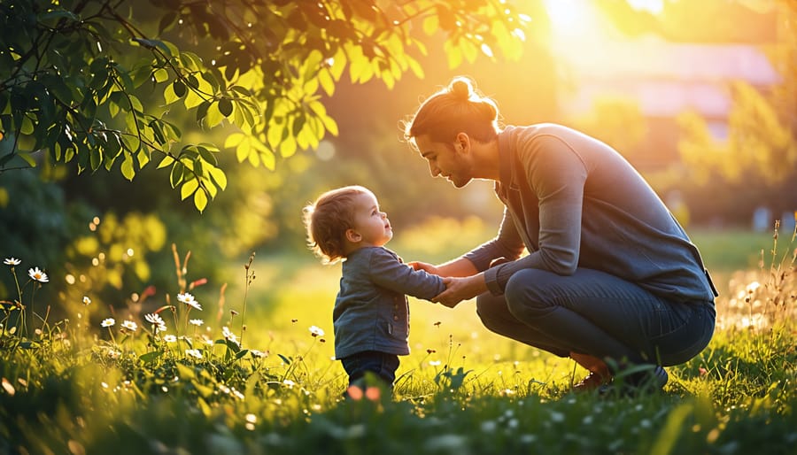 A compassionate adult comforting a child, conveying empathy and hope for a child impacted by parental substance use disorder.