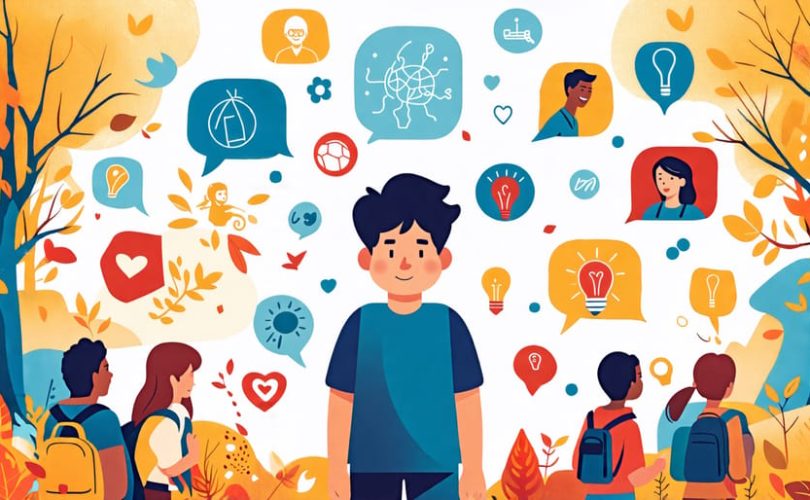 A child in a school setting, reflecting on emotions, encircled by symbols of empathy and support, representing the journey from bullying to personal growth through positive intervention.