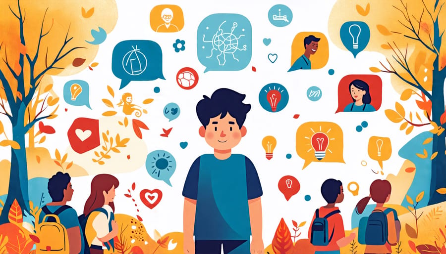 A child in a school setting, reflecting on emotions, encircled by symbols of empathy and support, representing the journey from bullying to personal growth through positive intervention.