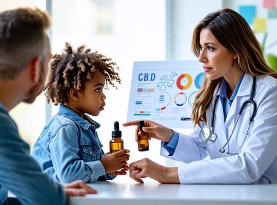 Parent holding CBD oil bottle consulting with a pediatrician about CBD's safety and legality for children, with a chart illustrating CBD effects.