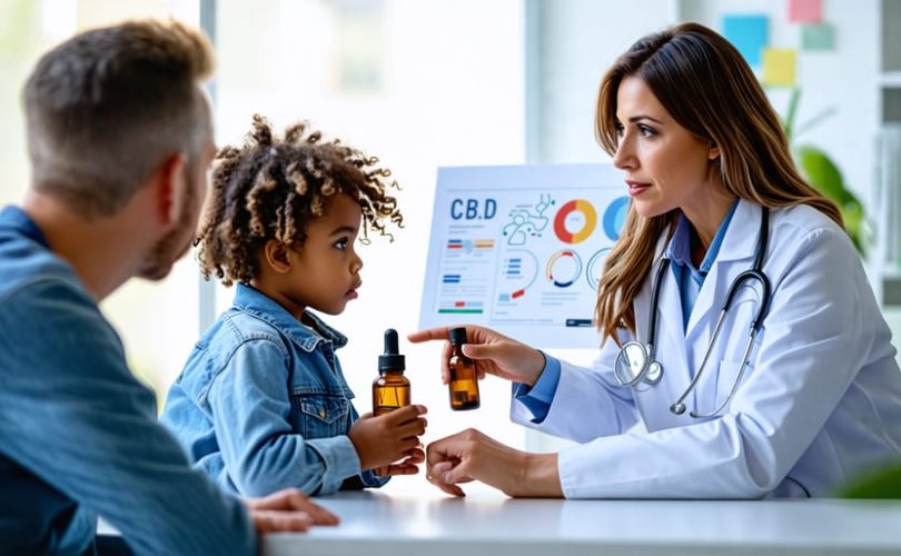 Parent holding CBD oil bottle consulting with a pediatrician about CBD's safety and legality for children, with a chart illustrating CBD effects.