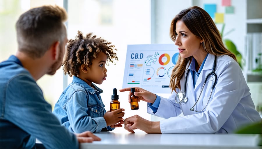 Parent holding CBD oil bottle consulting with a pediatrician about CBD's safety and legality for children, with a chart illustrating CBD effects.