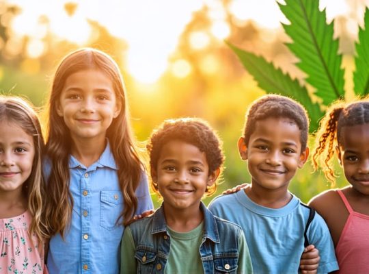 A diverse group of children peacefully playing in nature, symbolizing improved mental health with the support of CBD, with a subtle cannabis leaf in the background.