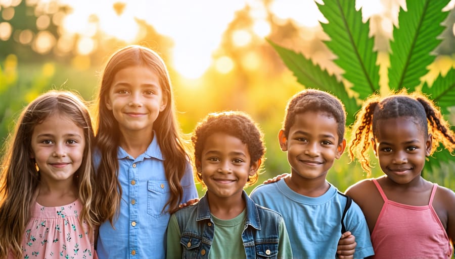 A diverse group of children peacefully playing in nature, symbolizing improved mental health with the support of CBD, with a subtle cannabis leaf in the background.