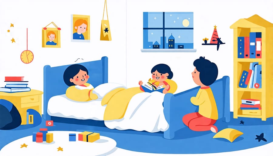 A cartoon-style depiction of a child's bedtime routine including brushing teeth, reading a book, and setting an alarm clock