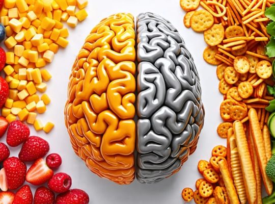 An illustration depicting a child's brain development influenced by nutrition, featuring healthy foods like vegetables and fruits and unhealthy snacks to represent the dietary impact on mental health.