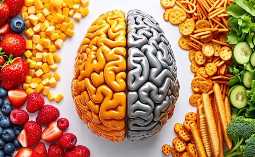 An illustration depicting a child's brain development influenced by nutrition, featuring healthy foods like vegetables and fruits and unhealthy snacks to represent the dietary impact on mental health.